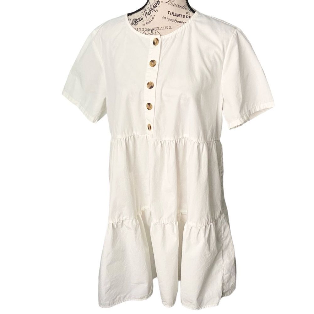 Madewell Button-Front Short Sleeve Tiered Mini Dress in Size Large in Lighthouse - Picture 5 of 12